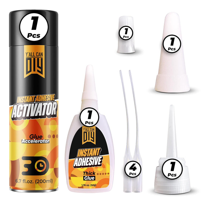 CA Glue (1x1.76 oz.) with Spray Adhesive Accelerator (1x6.76 fl oz.) - Fast Drying for Woodworking, Model Cars, Airplanes. Thick 1500 CPS Viscosity for Strong Bonds on Wood