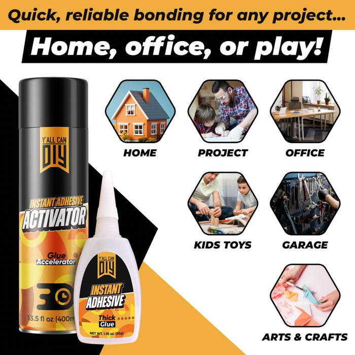 Spray Adhesive Accelerator (2 x 13.5 fl oz.) with CA Glue (4 x 1.76 oz.) - Instant Drying Glue for Woodworking, and Model Airplanes. Thick 1500 CPS Viscosity for Strong, Reliable Bonds