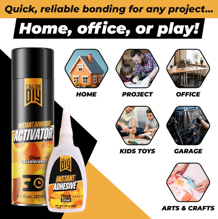 CA Glue (1x1.76 oz.) with Spray Adhesive Accelerator (1x6.76 fl oz.) - Fast Drying for Woodworking, Model Cars, Airplanes. Thick 1500 CPS Viscosity for Strong Bonds on Wood