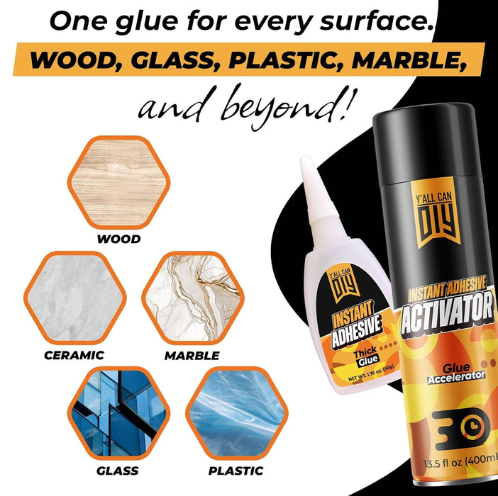 CA Glue (1x1.76 oz.) with Spray Adhesive Accelerator (1x6.76 fl oz.) - Fast Drying for Woodworking, Model Cars, Airplanes. Thick 1500 CPS Viscosity for Strong Bonds on Wood