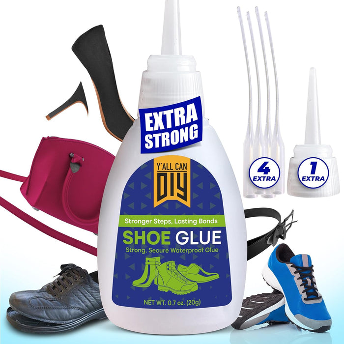 Y'allCanDiy Professional Grade Cyanoacrylate Based Shoe Glue 4 Pk x .7 Oz. (20g) Industrial Strength Leather, Rubber & Sneaker Sole Adhesive. Heavy Duty with Extra Applicator