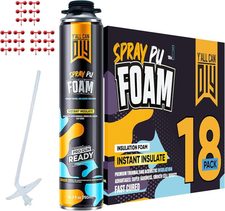 Y’allCanDiy Spray Foam Insulation Kit (12 Pack) – Expanding Sealant for Thermal & Sound Insulation – Closed-Cell, High R-Value 5.66, Covers up to 240 Board feet/sq. ft., Fills Gaps & Cracks