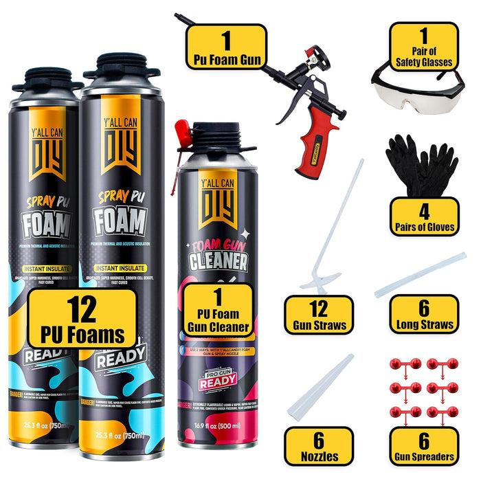 Y’allCanDiy Spray Foam Insulation Kit (18 Pack) – Expanding Foam Sealant for Thermal & Acoustic Insulation – Closed-Cell, High R-Value 5.66, Covers up to 360 Board feet/sq. ft., Seals Gaps & Cracks