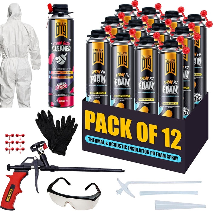 Y’allCanDiy Spray Foam Insulation Kit (12 Pack) – Expanding Sealant for Thermal & Sound Insulation – Closed-Cell, High R-Value 5.66, Covers up to 240 Board feet/sq. ft., Fills Gaps & Cracks