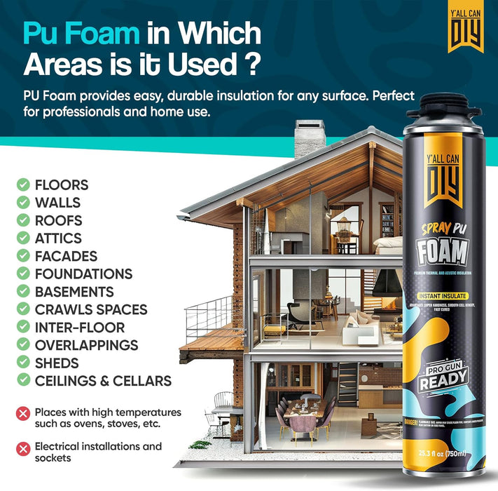 Y’allCanDiy Spray Foam Insulation Kit (12 Pack) – Expanding Sealant for Thermal & Sound Insulation – Closed-Cell, High R-Value 5.66, Covers up to 240 Board feet/sq. ft., Fills Gaps & Cracks